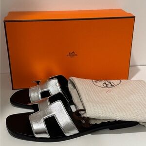 Hermes Silver Leather Sandals Oran leather mules silver size 38/5